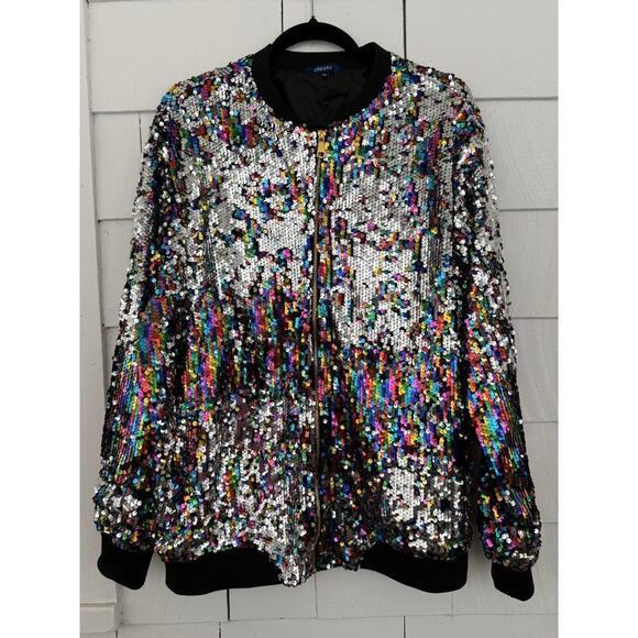 Cresay Women 3XL Rainbow Sequin Bomber Jacket Party Disco Statement 80s Glam Y2K - Picture 1 of 6